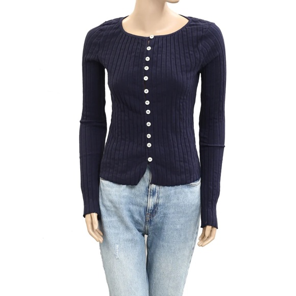 🆕 Free People Women's Navy Ribbed Tilly Long Sleeve Cardi Blouse Top Size S - Picture 1 of 8